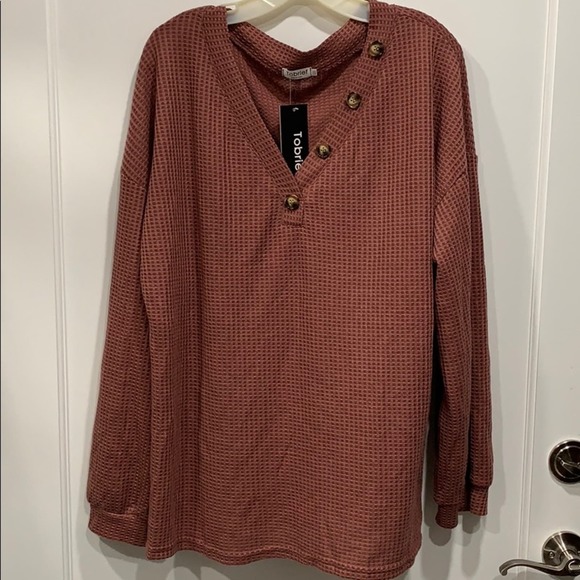 Dusty Rose Pink Waffle Knit Long Sleeve V-neck Top Pullover Popover - Picture 2 of 9